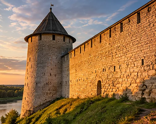 Высокая стена из плитняка и шатровая башня