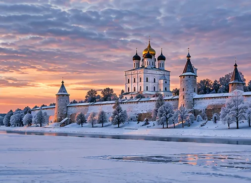 Кром зимой, снег на берегу